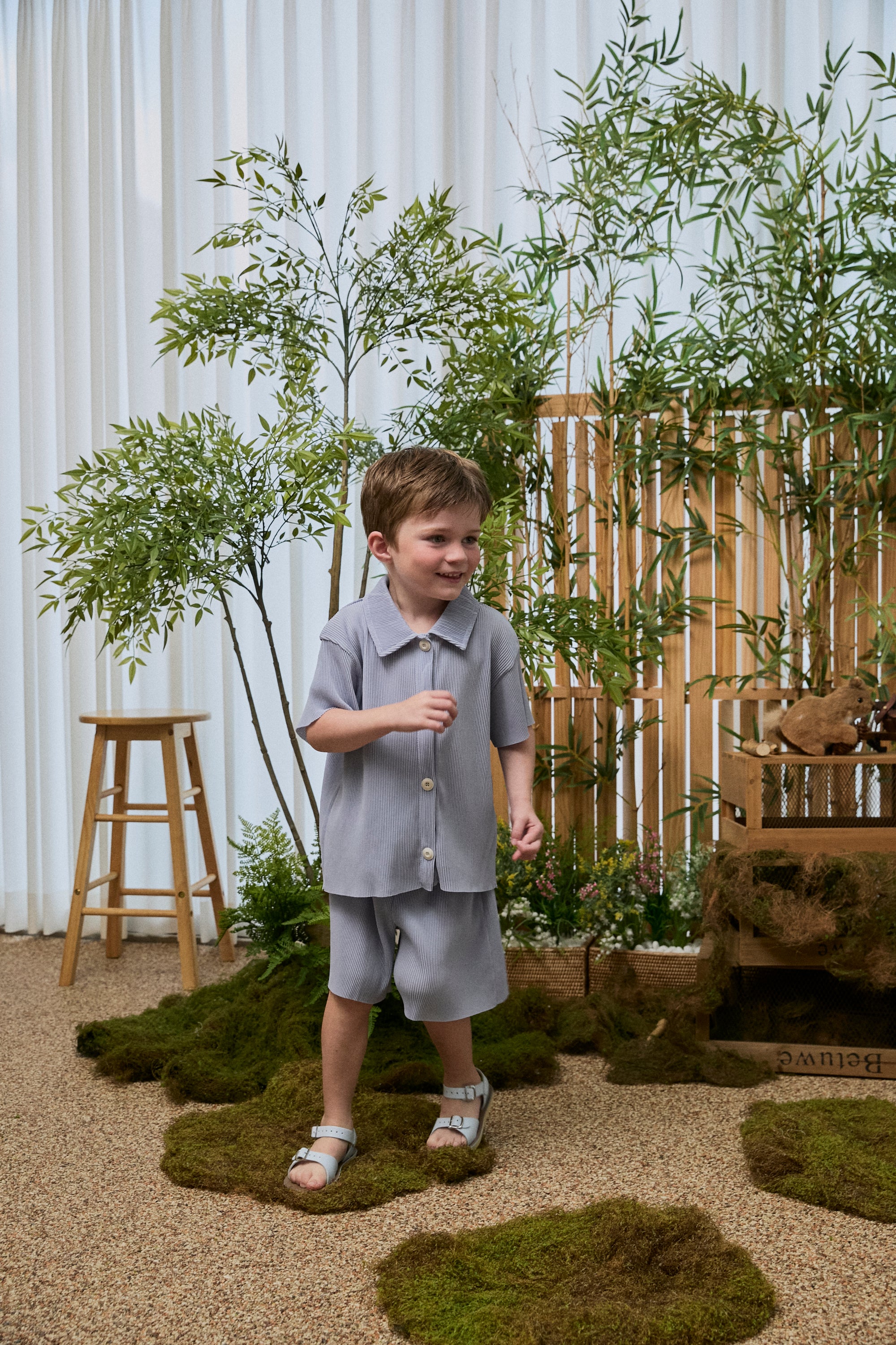 Pastel Collar Pleats Top & Bottom Set - Sky Blue