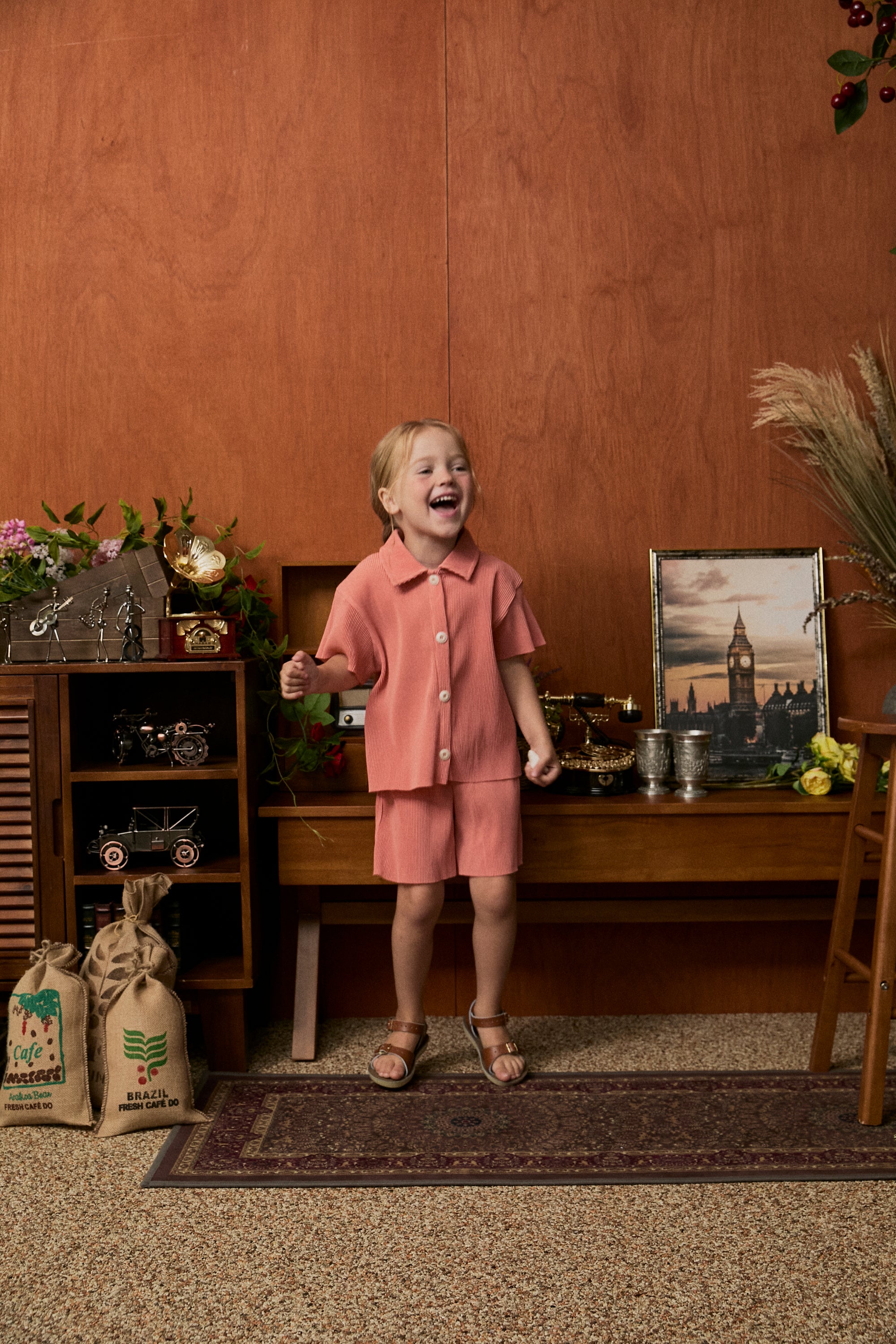 Pastel Collar Pleats Top & Bottom Set - Apricot Pink