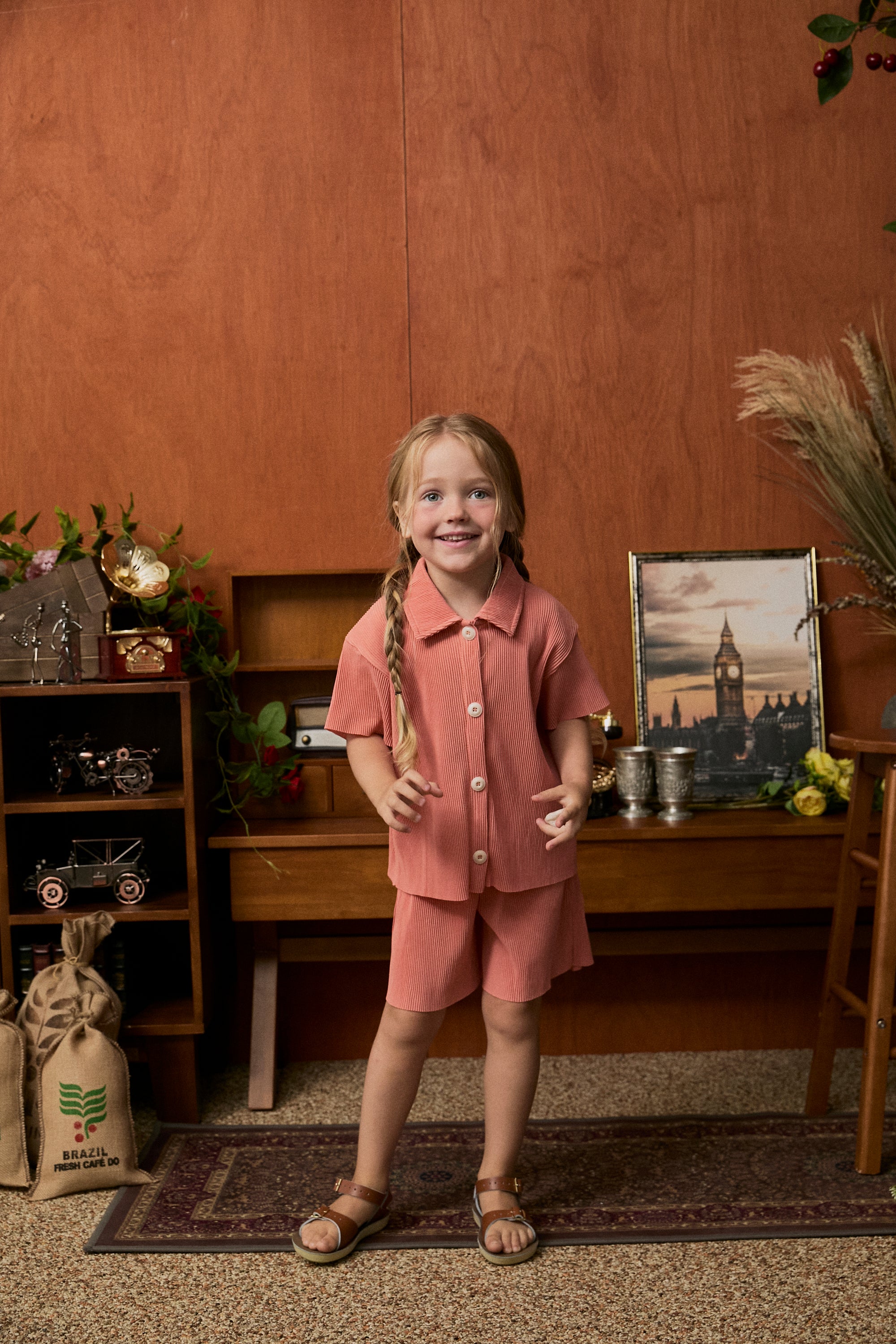 Pastel Collar Pleats Top & Bottom Set - Apricot Pink