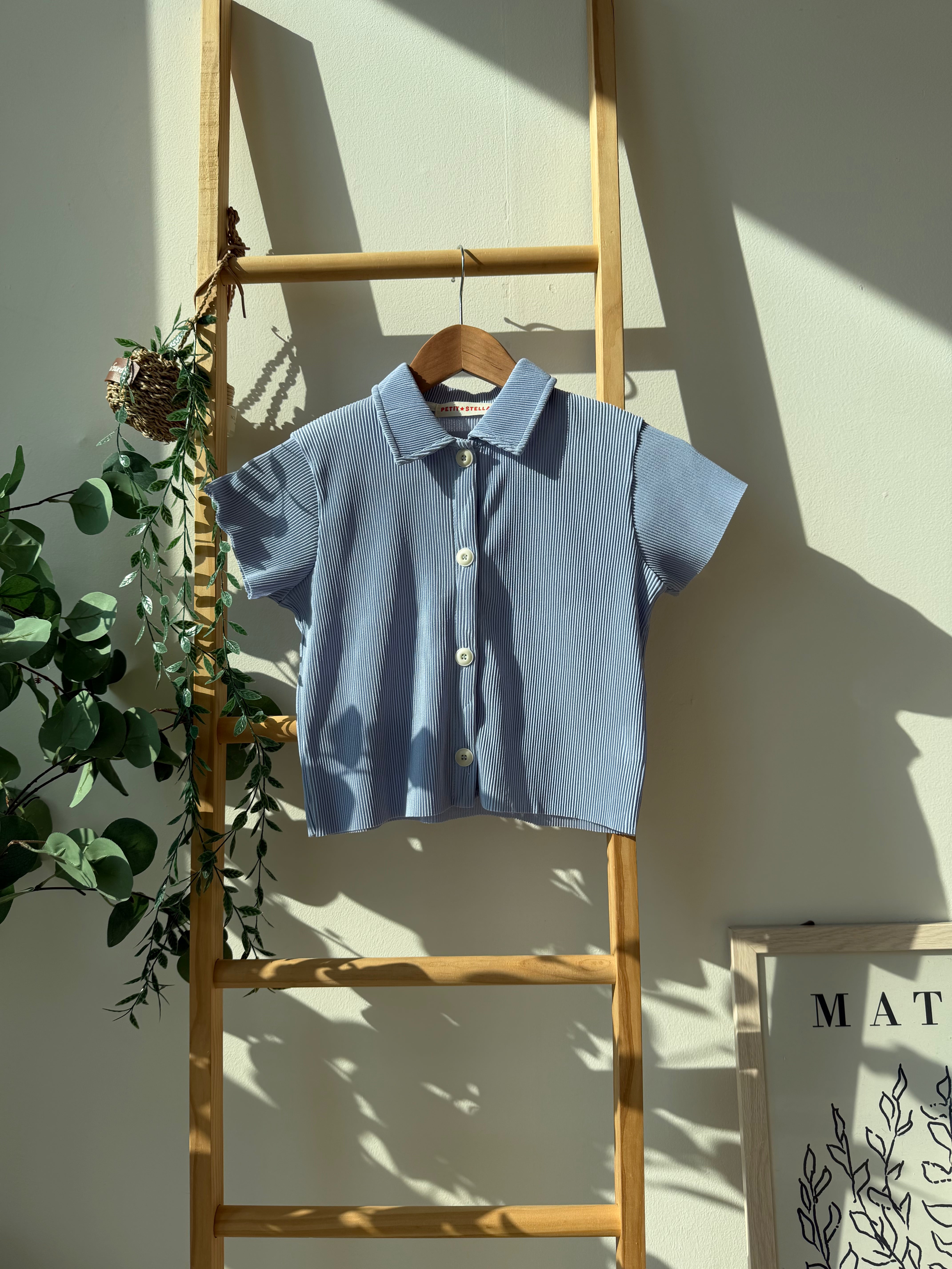 Pastel Collar Pleats Top & Bottom Set - Sky Blue