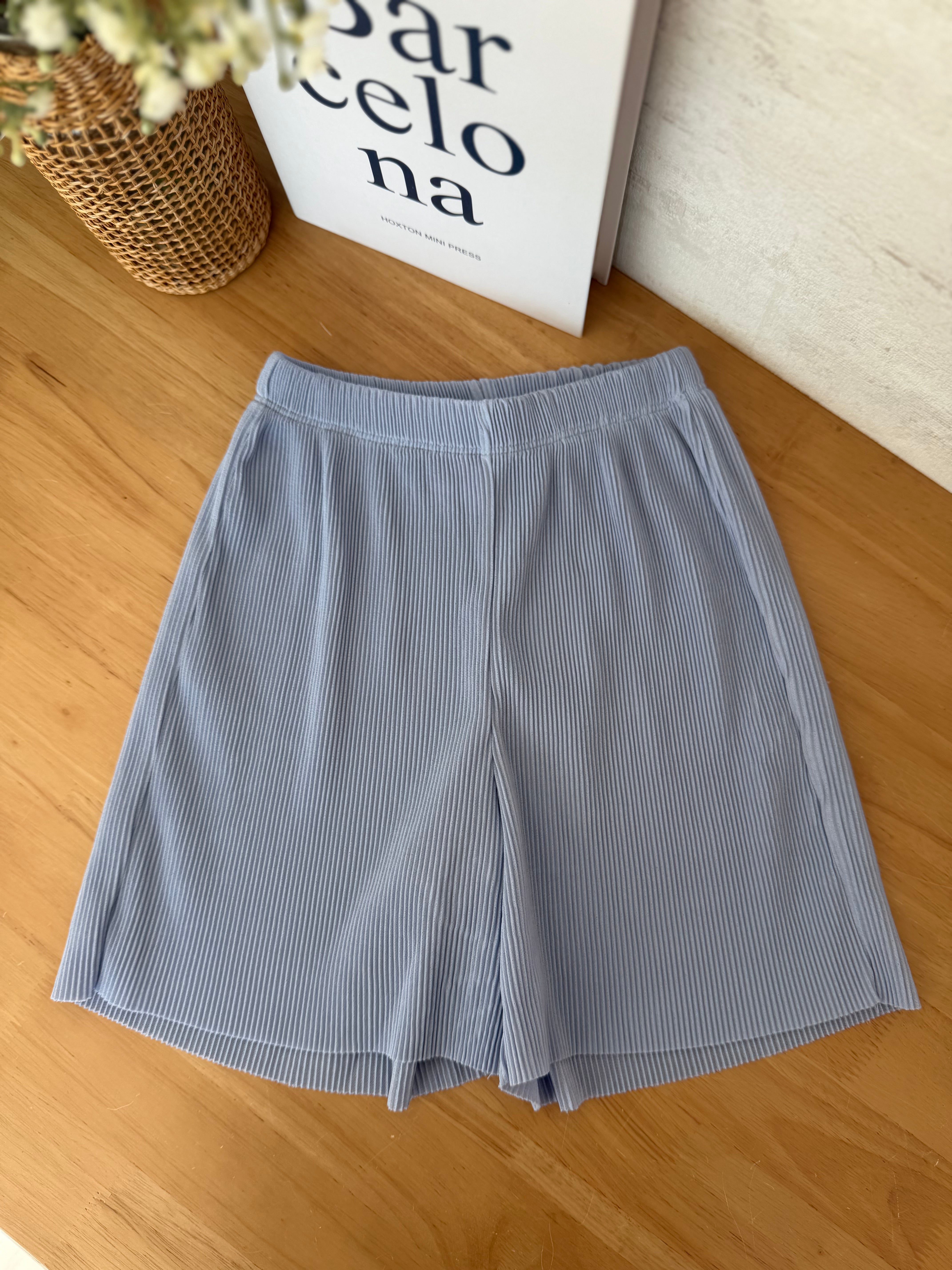 Pastel Collar Pleats Top & Bottom Set - Sky Blue