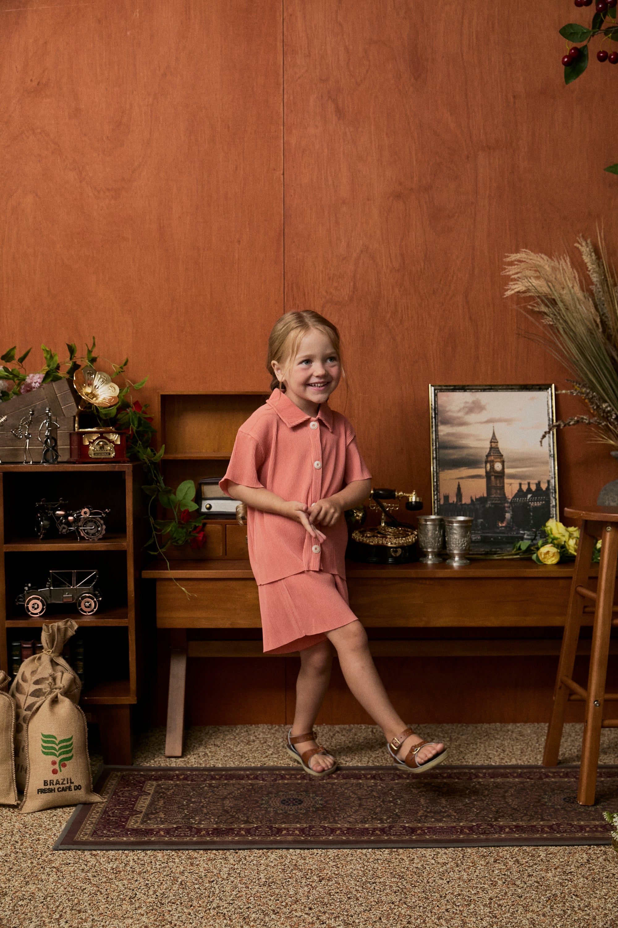 Pastel Collar Pleats Top & Bottom Set - Apricot Pink