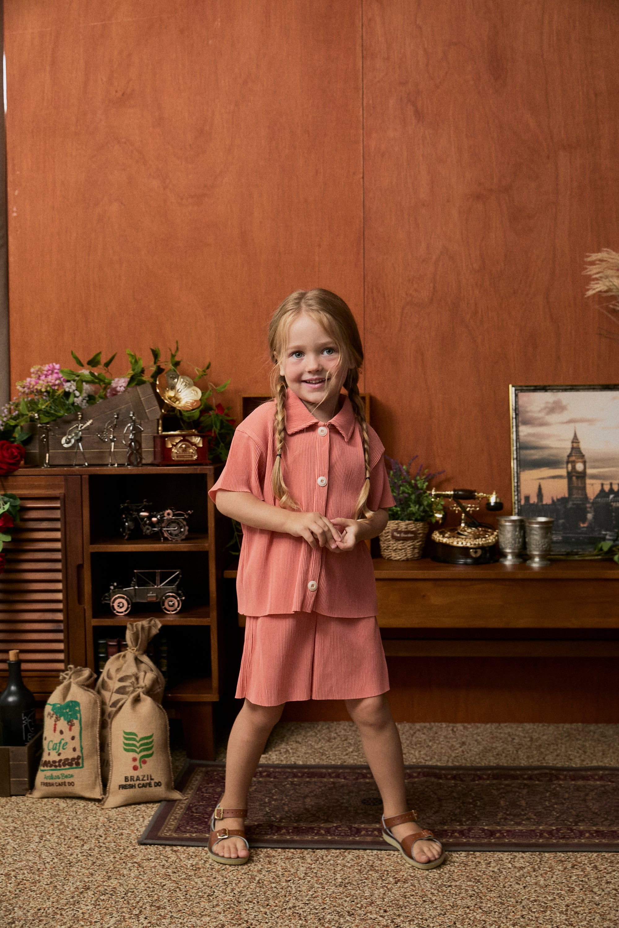 Pastel Collar Pleats Top & Bottom Set - Apricot Pink