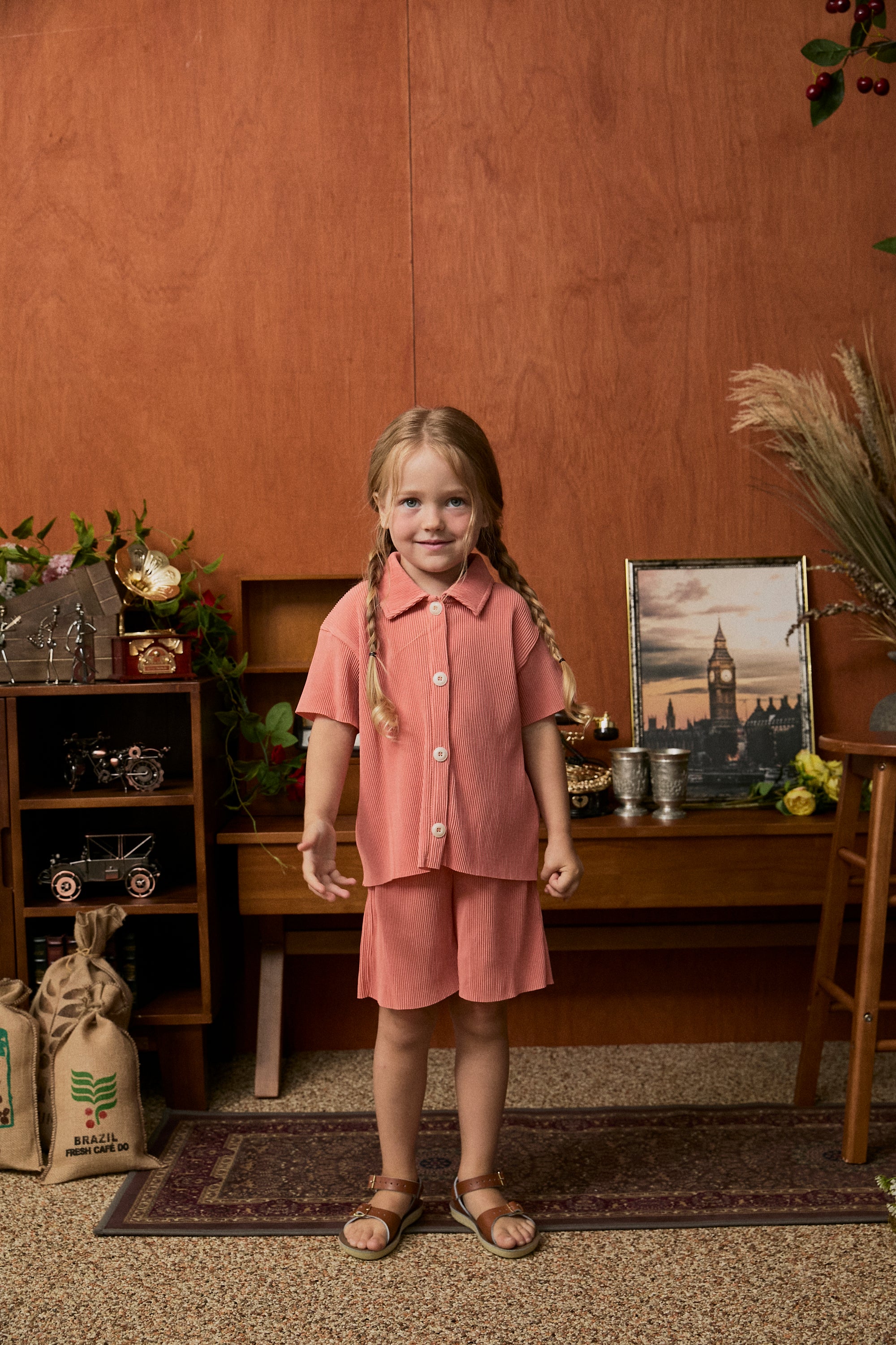 Pastel Collar Pleats Top & Bottom Set - Apricot Pink