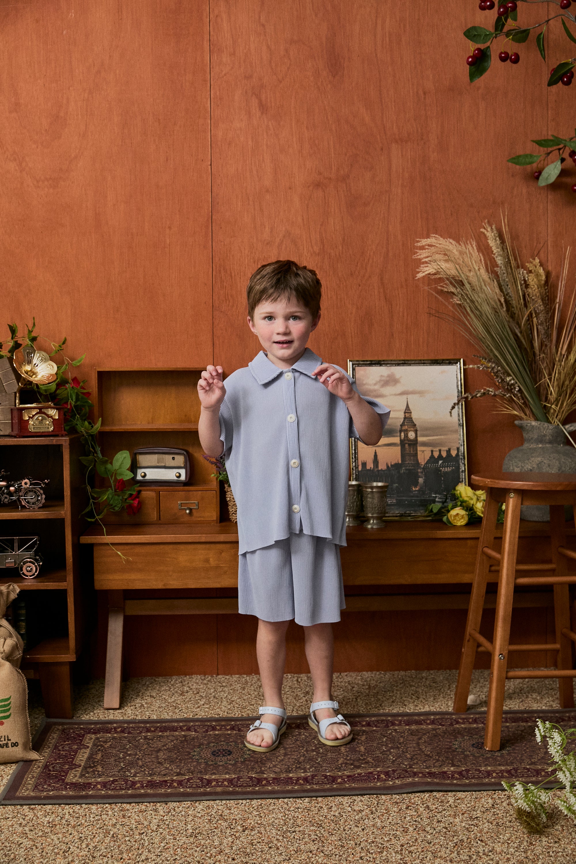 Pastel Collar Pleats Top & Bottom Set - Sky Blue