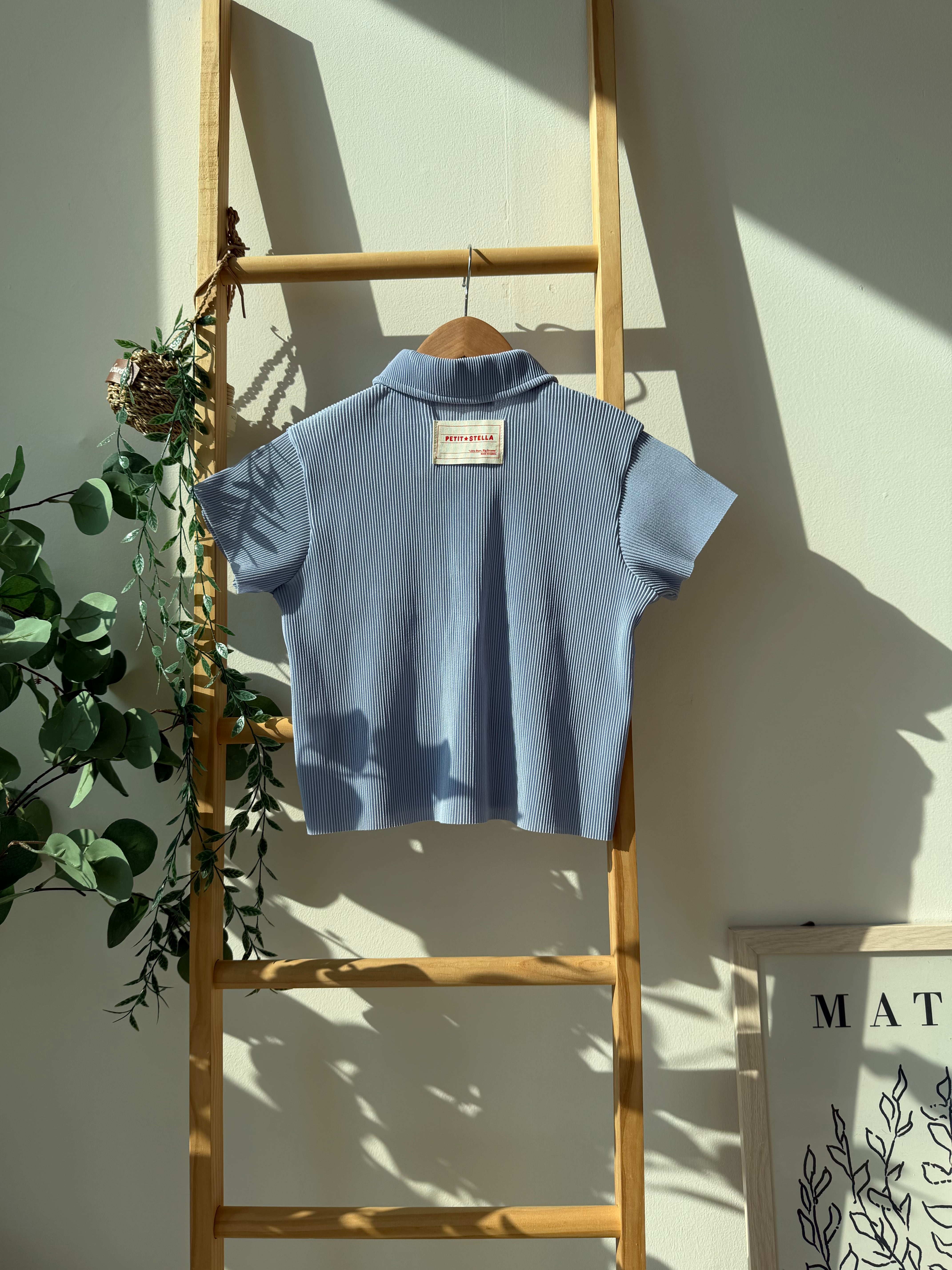 Pastel Collar Pleats Top & Bottom Set - Sky Blue